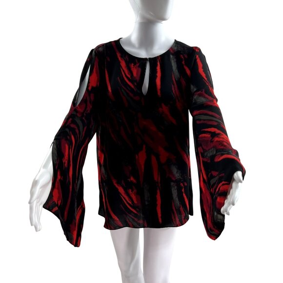 Halston Women M Red Black Abstract Witchy Long Bell Sleeve Fairy Blouse Boho Top - Picture 3 of 10